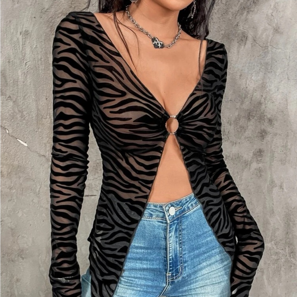 Zebra Striped Printed Detail Top
